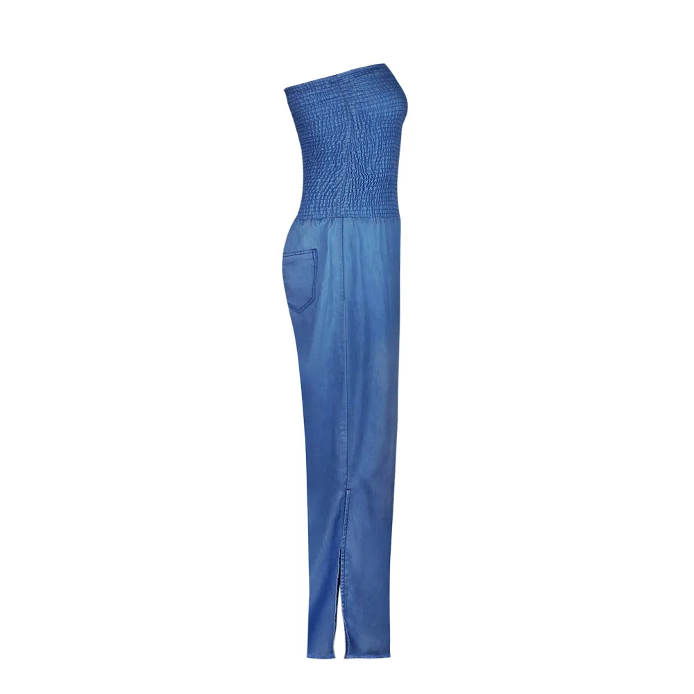 Tube Top Strapless Elastic Waist Slit Leg Denim Jumpsuit