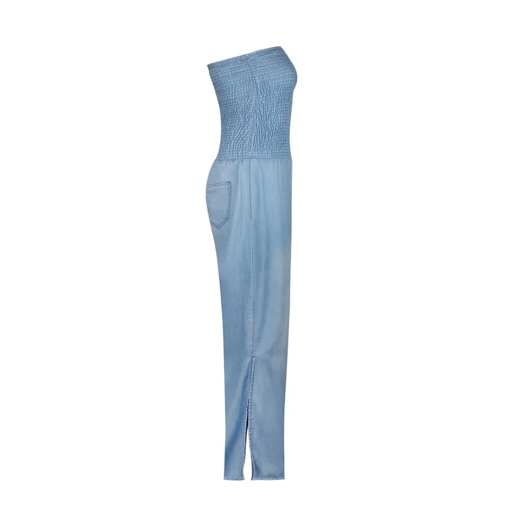 Tube Top Strapless Elastic Waist Slit Leg Denim Jumpsuit