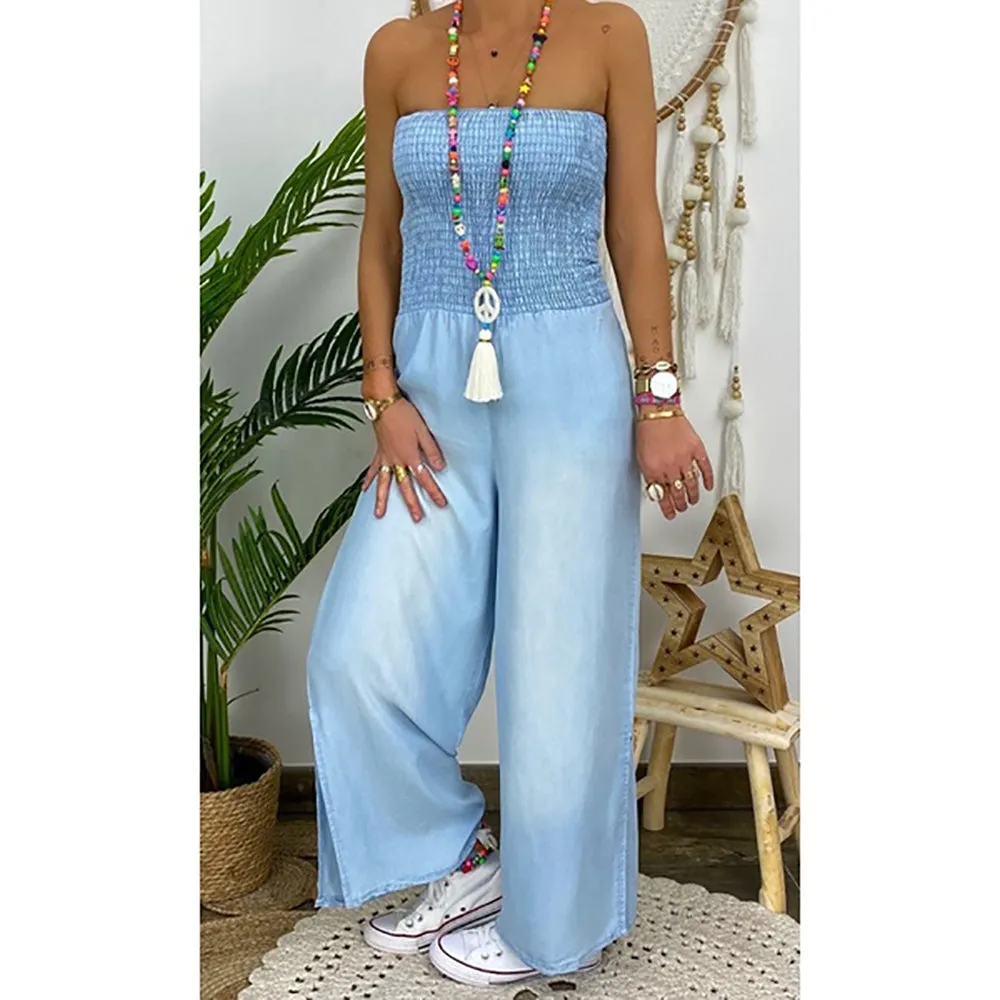 Tube Top Strapless Elastic Waist Slit Leg Denim Jumpsuit