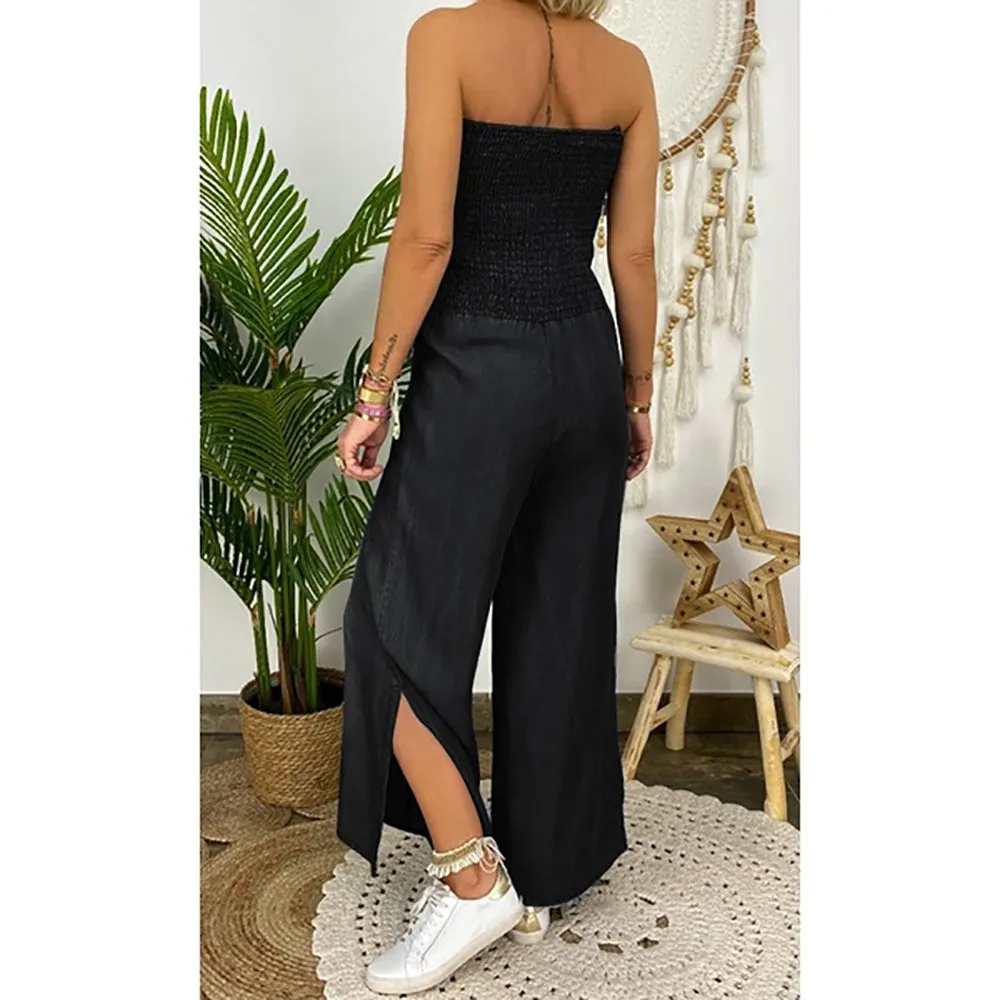 Tube Top Strapless Elastic Waist Slit Leg Denim Jumpsuit