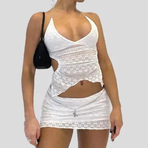 Two Piece Set Chic Women V Neck Halter Camis Tops Sexy Chest Wrap Backless Tie Up Bandage Crop Tops   Mini Pencil Skirt White