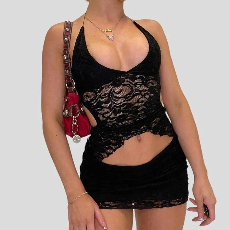 Two Piece Set Chic Women V Neck Halter Camis Tops Sexy Chest Wrap Backless Tie Up Bandage Crop Tops   Mini Pencil Skirt White