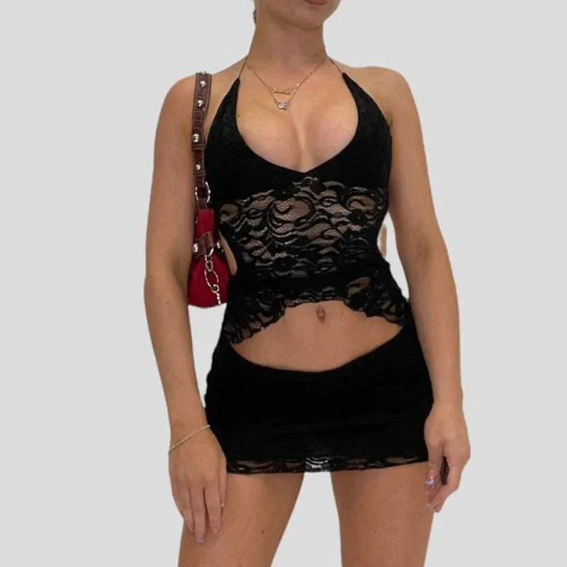 Two Piece Set Chic Women V Neck Halter Camis Tops Sexy Chest Wrap Backless Tie Up Bandage Crop Tops   Mini Pencil Skirt White