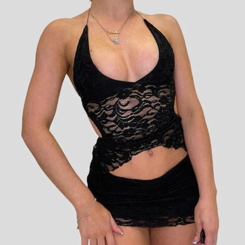 Two Piece Set Chic Women V Neck Halter Camis Tops Sexy Chest Wrap Backless Tie Up Bandage Crop Tops   Mini Pencil Skirt White