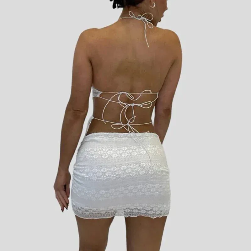 Two Piece Set Chic Women V Neck Halter Camis Tops Sexy Chest Wrap Backless Tie Up Bandage Crop Tops   Mini Pencil Skirt White
