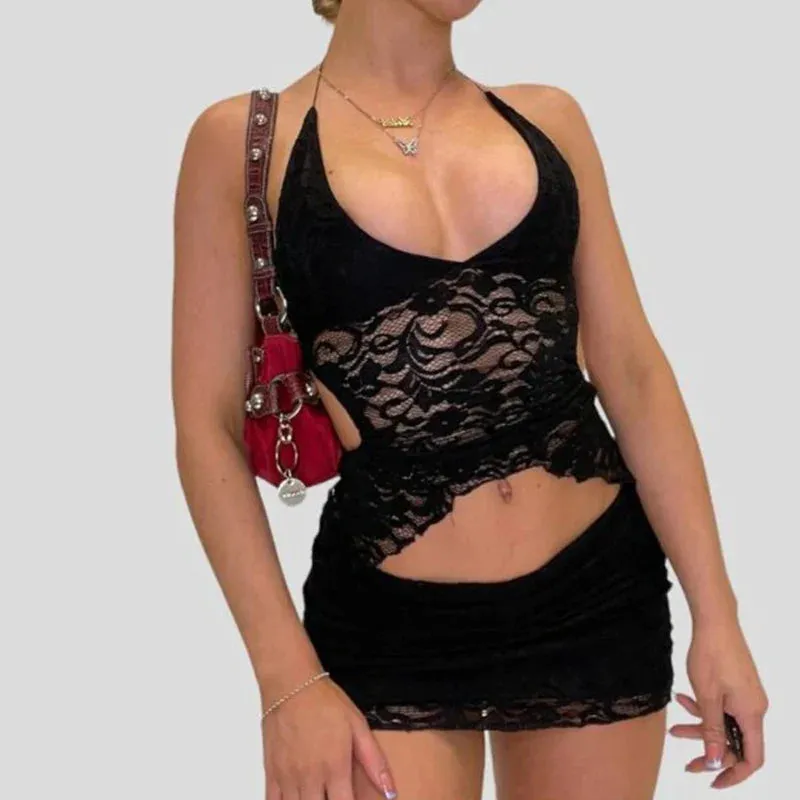 Two Piece Set Chic Women V Neck Halter Camis Tops Sexy Chest Wrap Backless Tie Up Bandage Crop Tops   Mini Pencil Skirt White