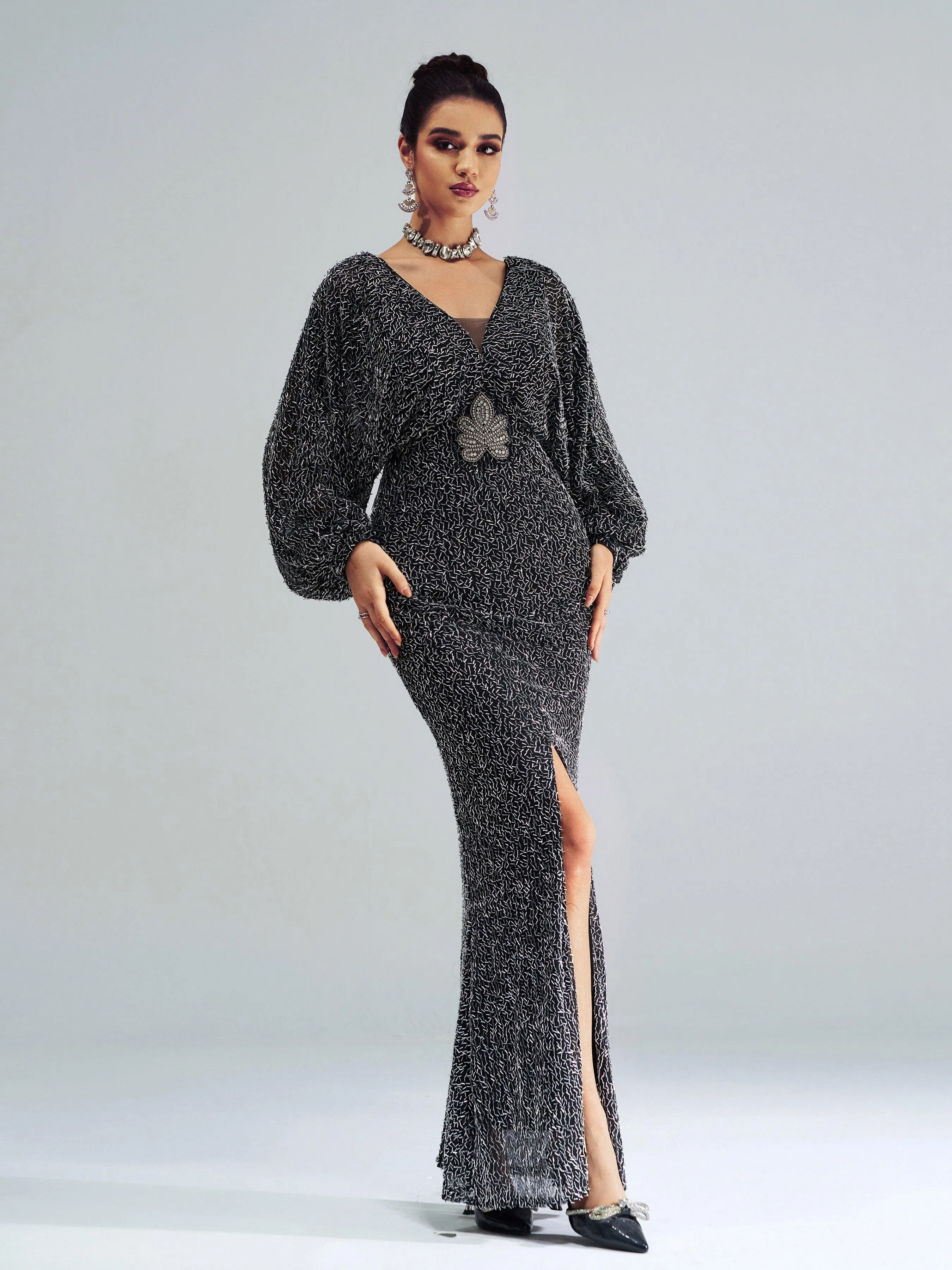 V-Neck Backless Split Sequin Maxi Dress ME00306