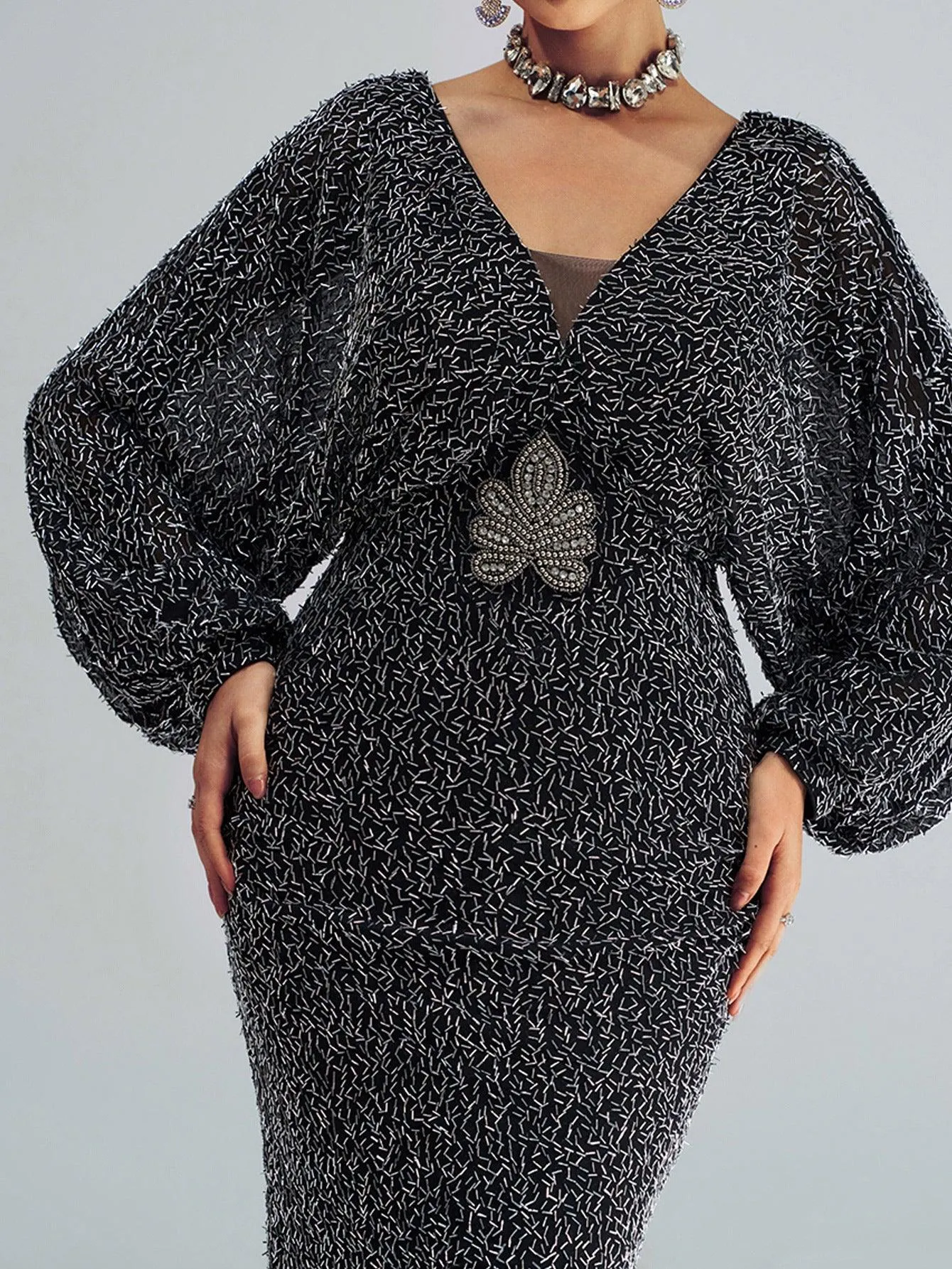V-Neck Backless Split Sequin Maxi Dress ME00306