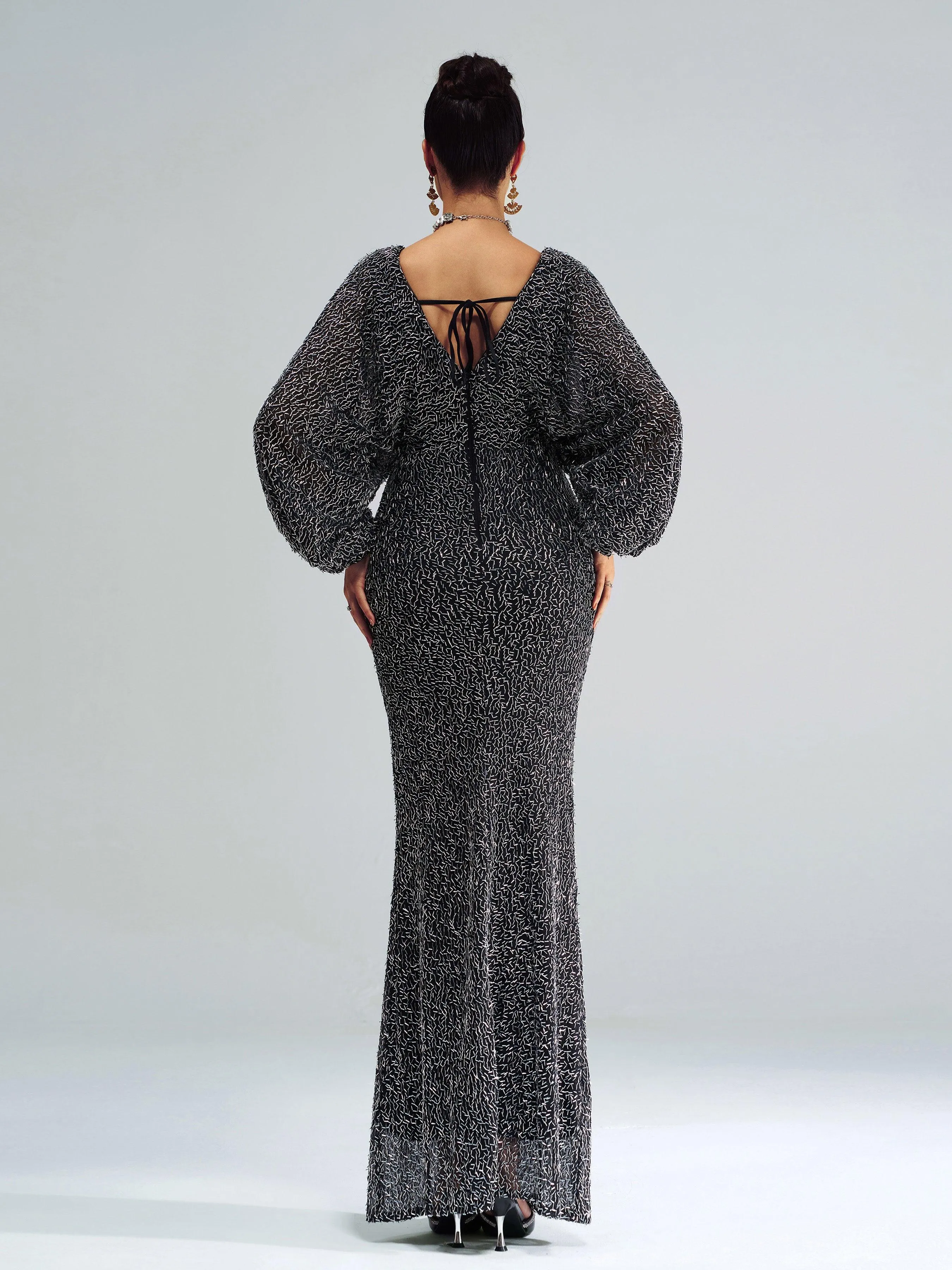 V-Neck Backless Split Sequin Maxi Dress ME00306