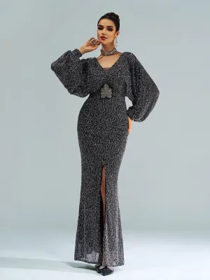V-Neck Backless Split Sequin Maxi Dress ME00306