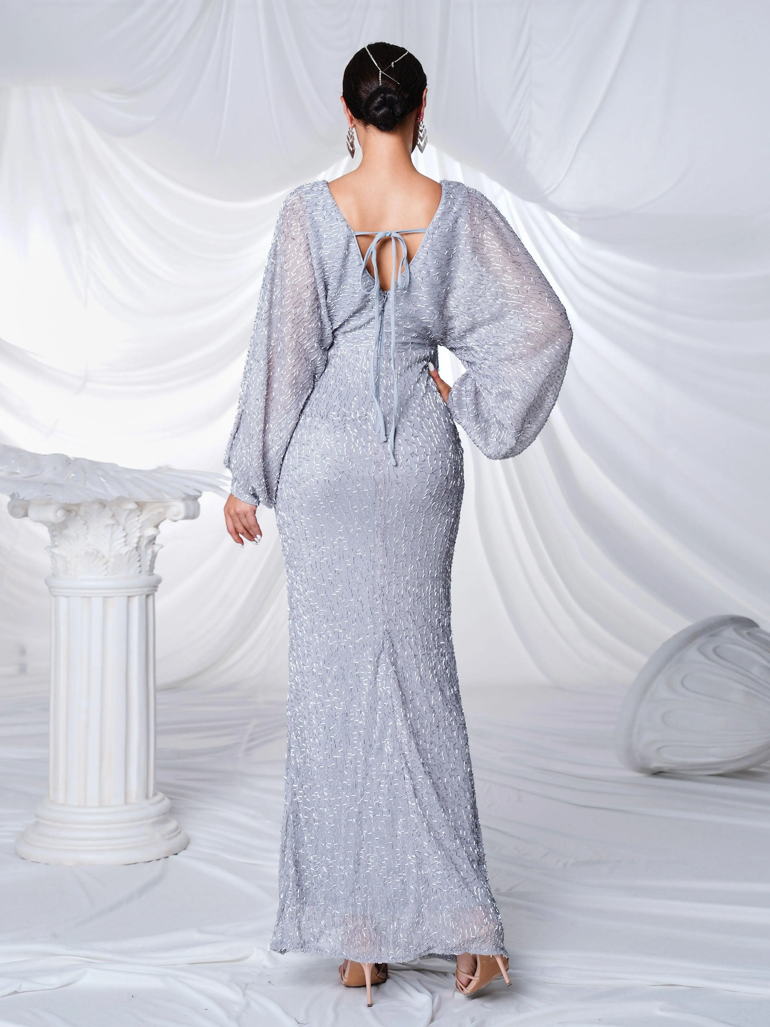 V-Neck Backless Split Sequin Maxi Dress ME00306