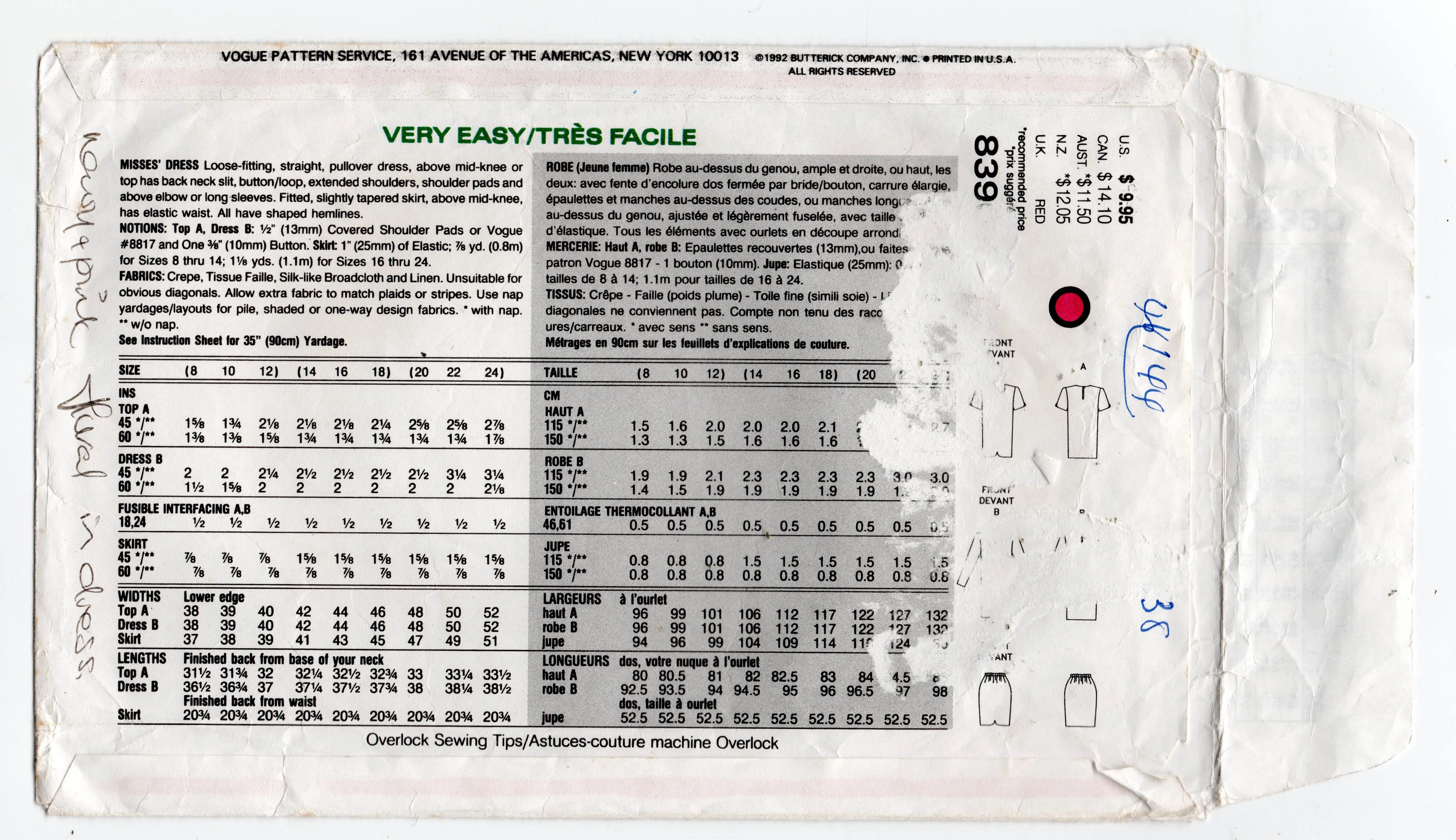 Very Easy Vogue 8390 Womens Straight Dress with Shaped Neckline & Pencil Skirt 1990s Vintage Sewing Pattern Size 8 - 12
