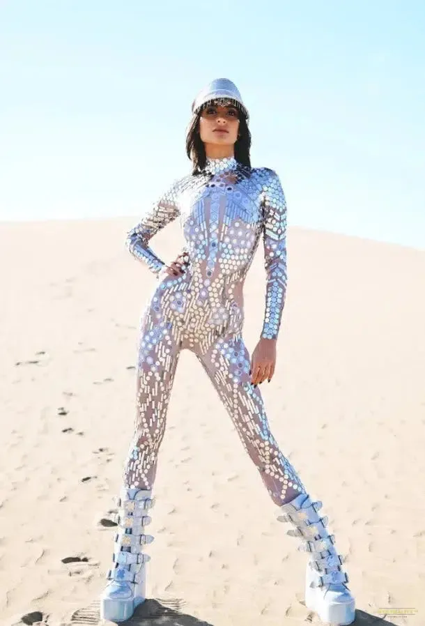 Women Jumpsuit Sequin Lace Pattern Printed Bodysuit Shiny Sexy Jumpsuit Adult Carnival Party Nightclub Outfits