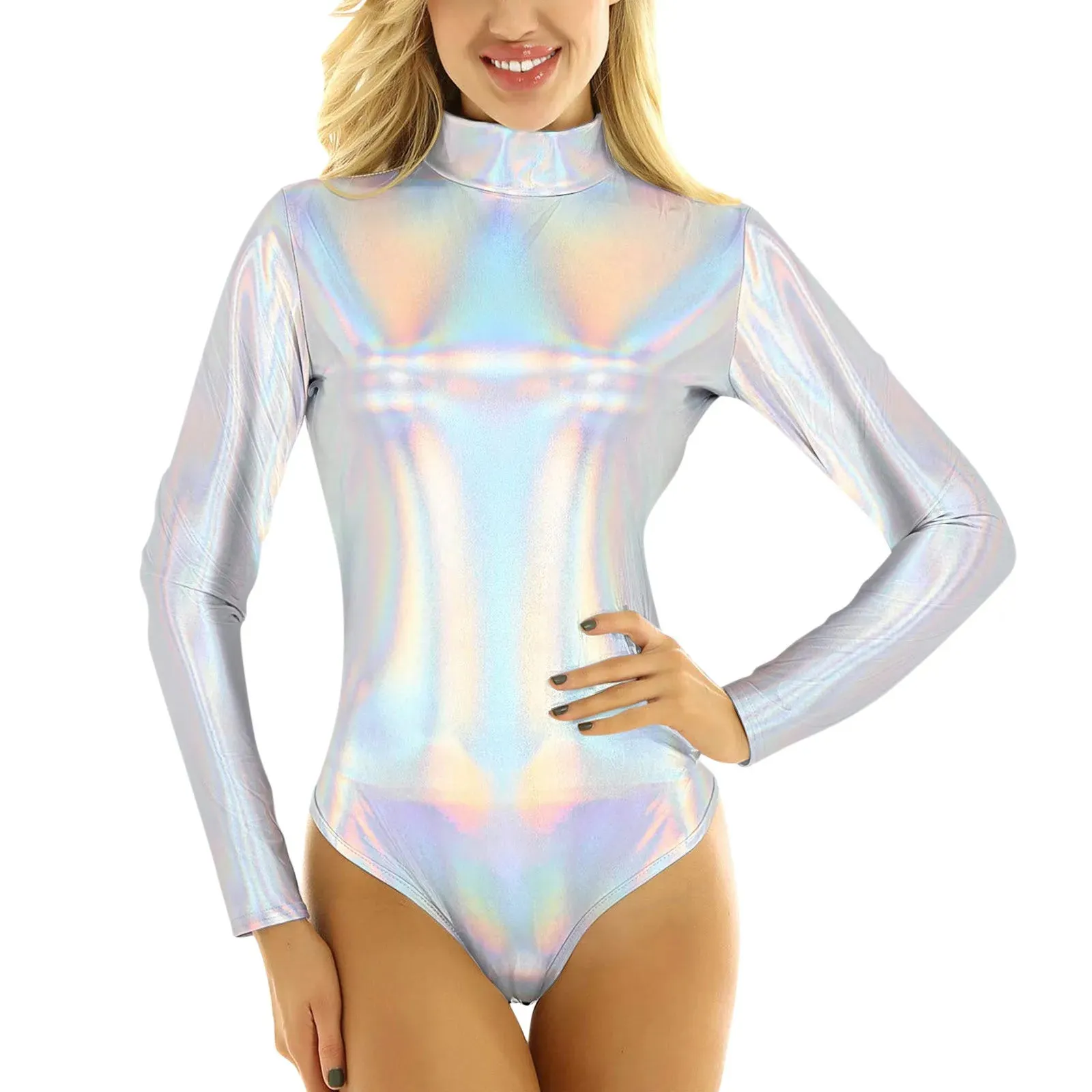 Women Shiny Metallic Jumpsuits 2025 PVC Leather Playuist High Neck Long Sleeve Bodysuit Nightclub Party Pole Dance Costume