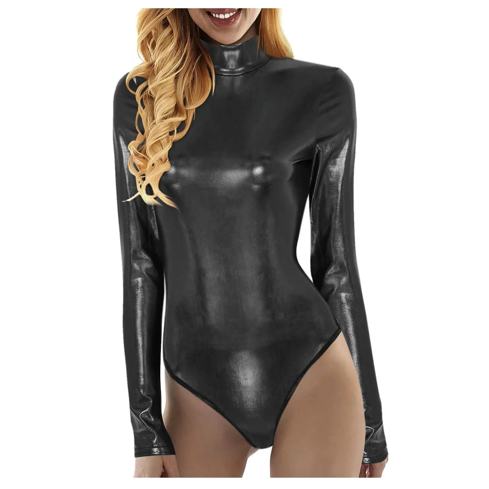 Womens Metallic Shiny Athletic Leotard Bodysuit Mock Neck Long Sleeve Bodycon Fitness Yoga Jumpsuit For Rave Music Festival Club