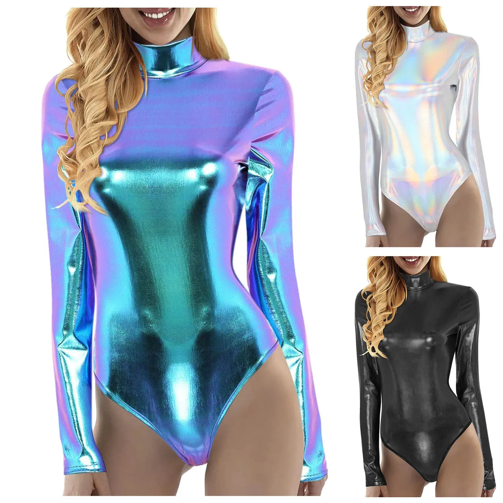 Womens Metallic Shiny Athletic Leotard Bodysuit Mock Neck Long Sleeve Bodycon Fitness Yoga Jumpsuit For Rave Music Festival Club