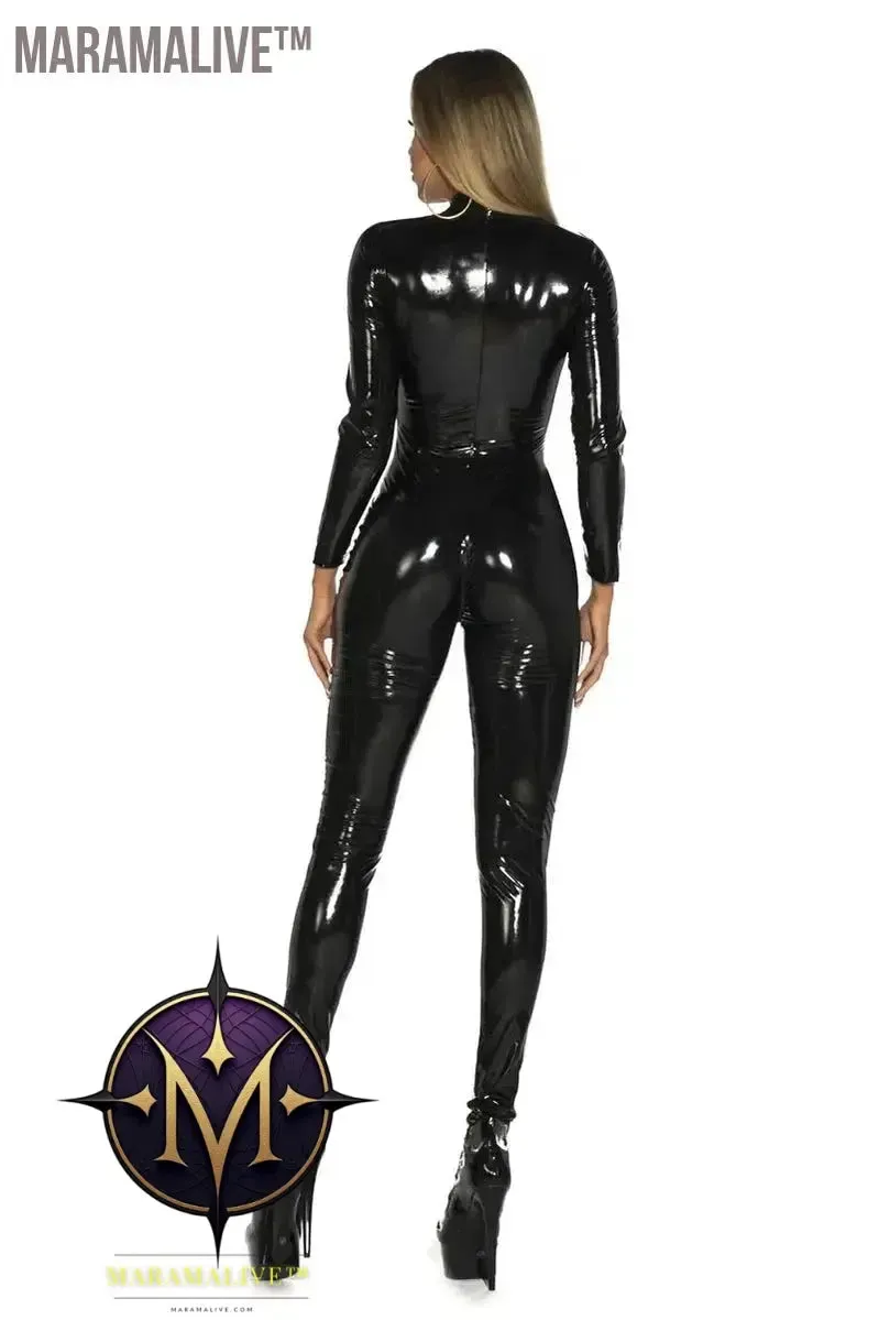 Women's Wet Look Shiny PU Faux Leather Jumpsuit Suit Long Sleeve Zipper Open Crotch Latex Bodysuit Clubwear Plus Size
