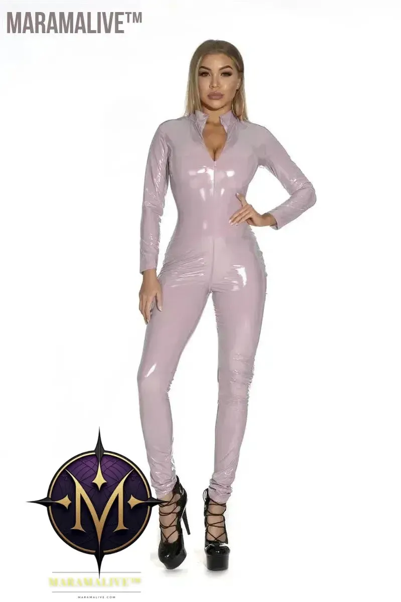 Women's Wet Look Shiny PU Faux Leather Jumpsuit Suit Long Sleeve Zipper Open Crotch Latex Bodysuit Clubwear Plus Size