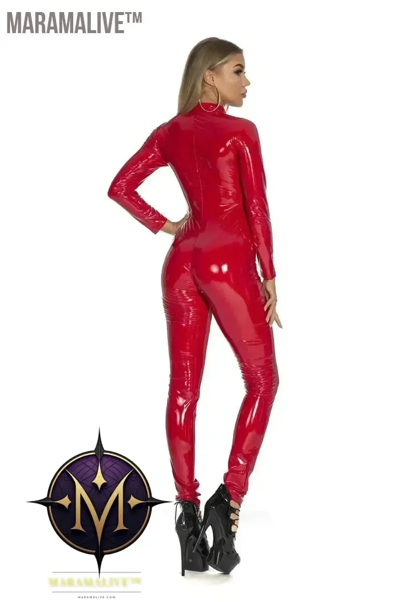 Women's Wet Look Shiny PU Faux Leather Jumpsuit Suit Long Sleeve Zipper Open Crotch Latex Bodysuit Clubwear Plus Size