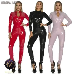 Women's Wet Look Shiny PU Faux Leather Jumpsuit Suit Long Sleeve Zipper Open Crotch Latex Bodysuit Clubwear Plus Size