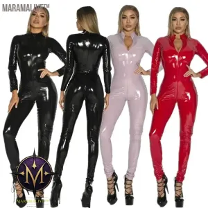 Women's Wet Look Shiny PU Faux Leather Jumpsuit Suit Long Sleeve Zipper Open Crotch Latex Bodysuit Clubwear Plus Size