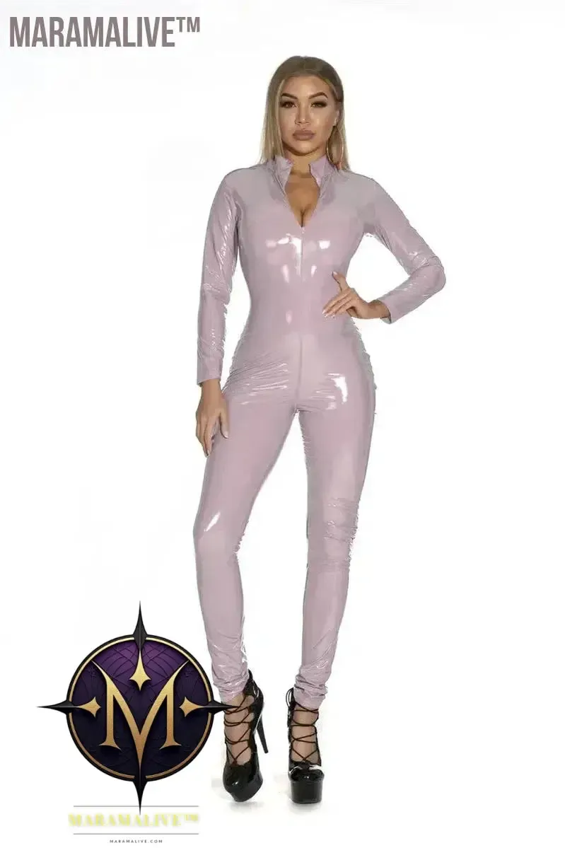 Women's Wet Look Shiny PU Faux Leather Jumpsuit Suit Long Sleeve Zipper Open Crotch Latex Bodysuit Clubwear Plus Size