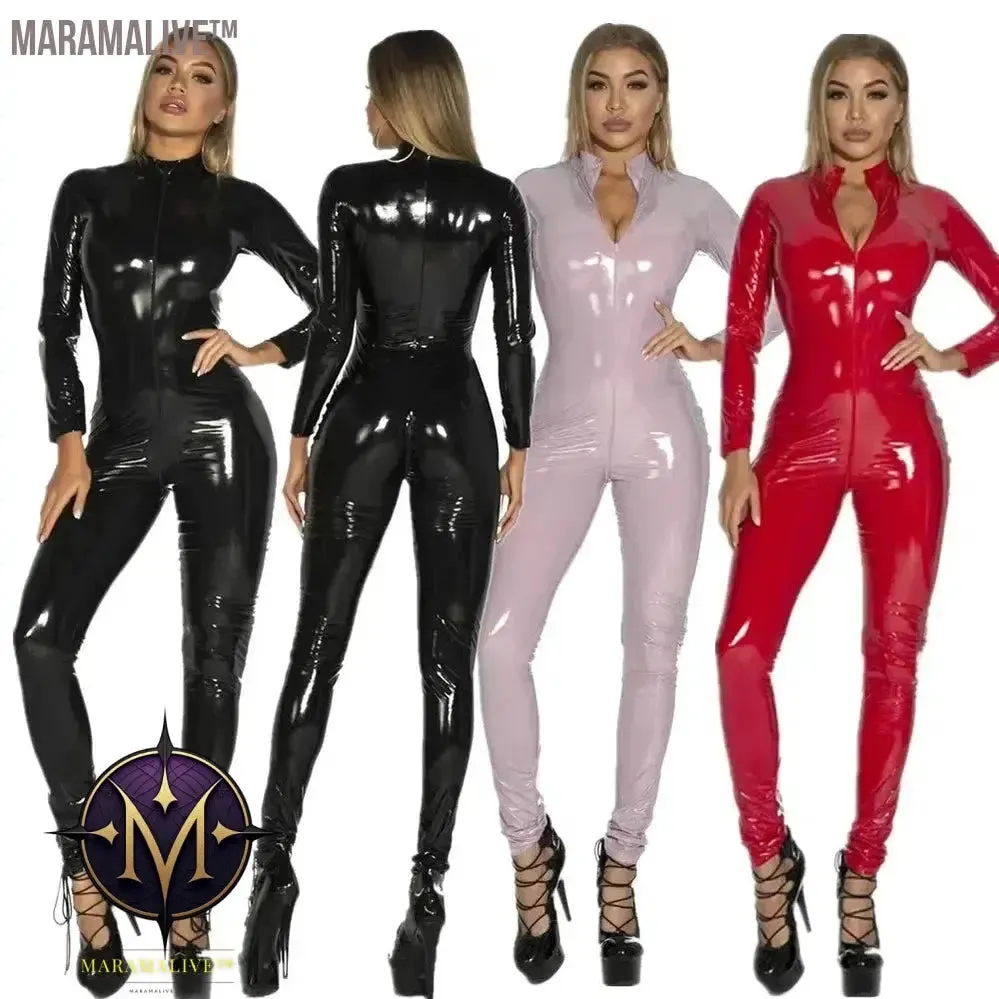 Women's Wet Look Shiny PU Faux Leather Jumpsuit Suit Long Sleeve Zipper Open Crotch Latex Bodysuit Clubwear Plus Size