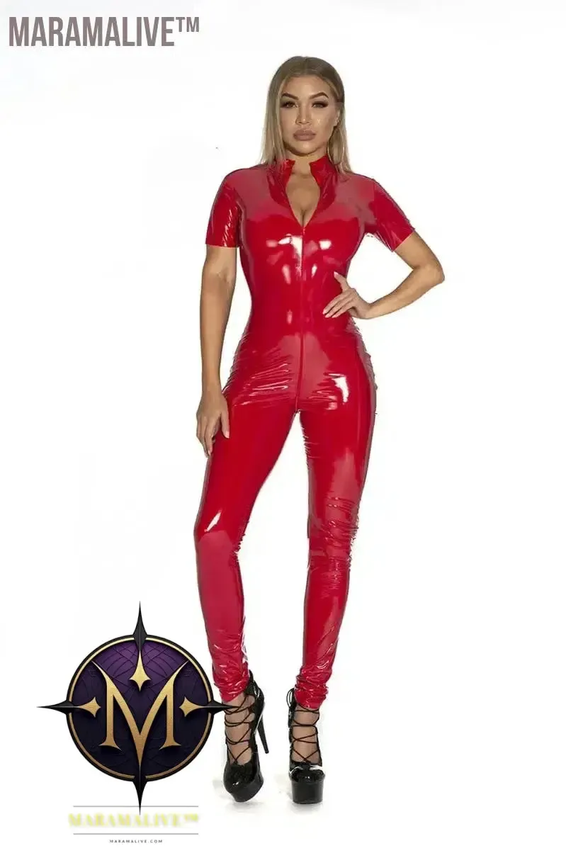 Women's Wet Look Shiny PU Faux Leather Jumpsuit Suit Long Sleeve Zipper Open Crotch Latex Bodysuit Clubwear Plus Size