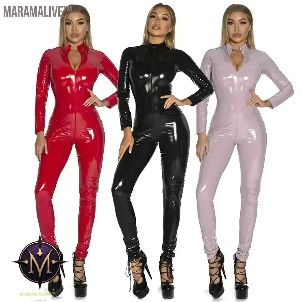 Women's Wet Look Shiny PU Faux Leather Jumpsuit Suit Long Sleeve Zipper Open Crotch Latex Bodysuit Clubwear Plus Size